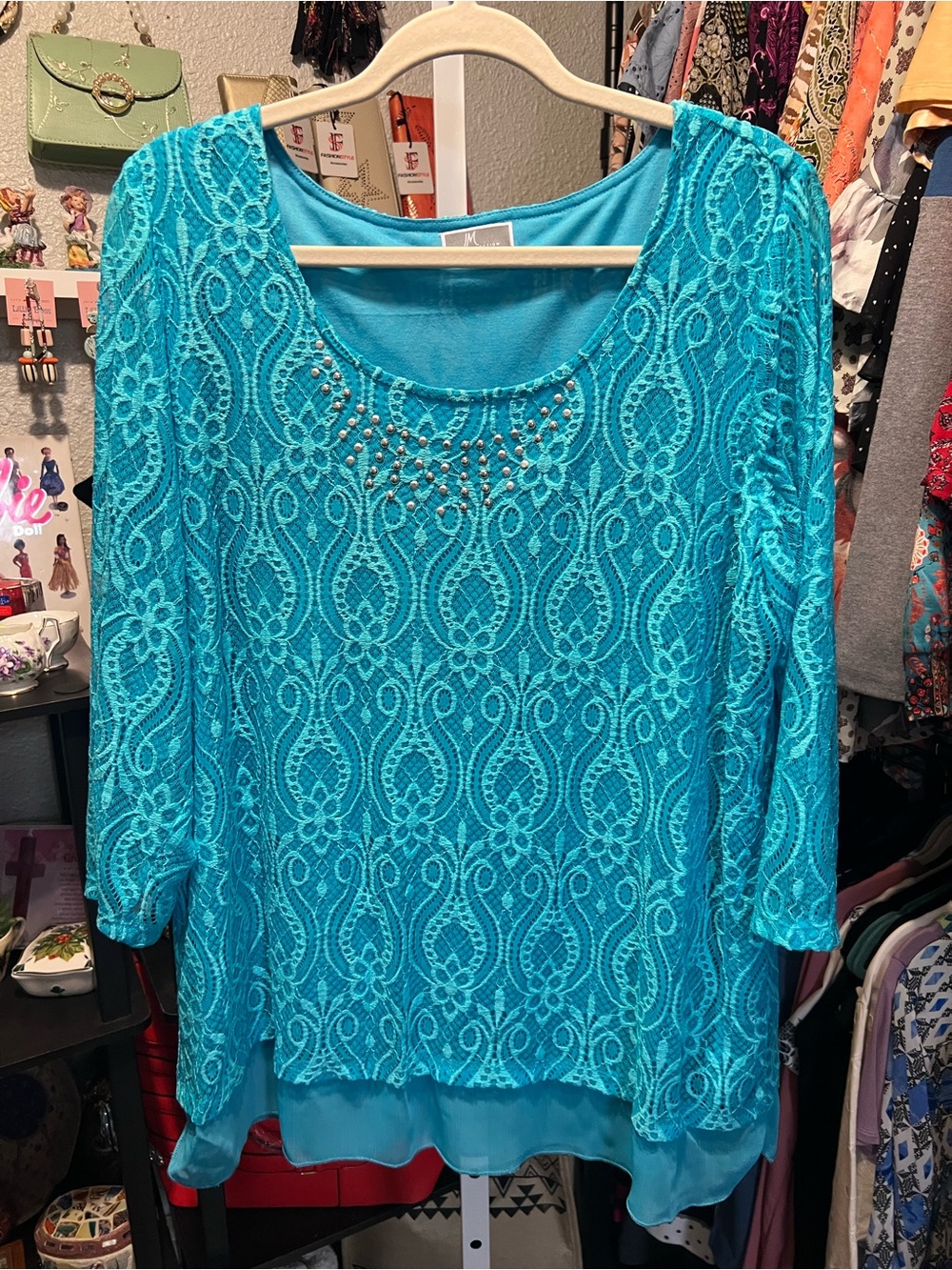 JM Collection Turquoise Lace Scoop Neck Tunic with Stud Accents